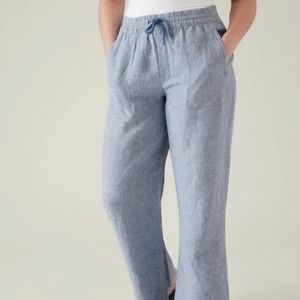Athleta Cabo Linen Wide Leg Pant Women’s 12 Chambray Blue Drawstring 447244-00